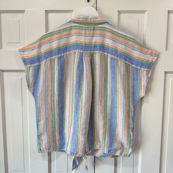 Talbots Linen Top XL Multicolored Stripe Tie Front Cap Sleeve Oversized Button - Picture 3 of 10